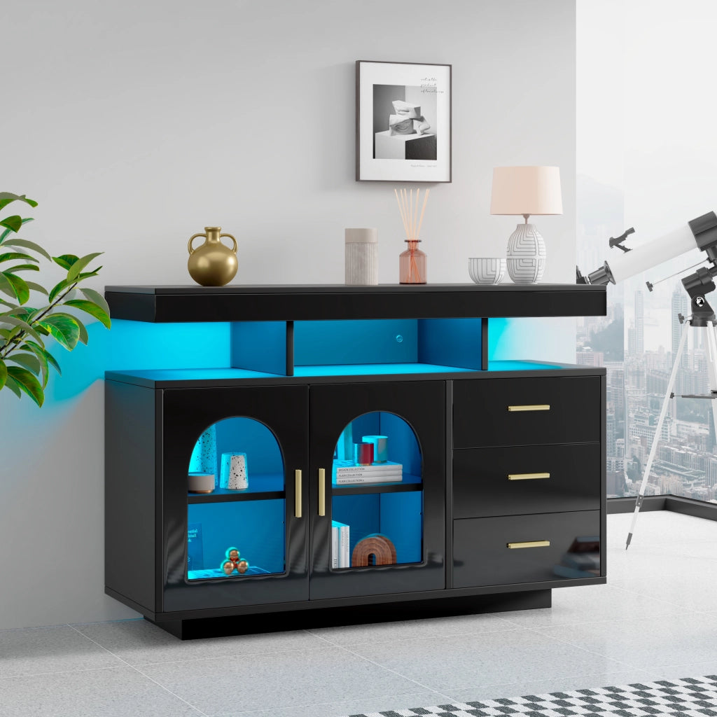 Credenza con 2 ante e 3 cassetti; LED RGB - per soggiorno - 120x40x80 cm - nero
