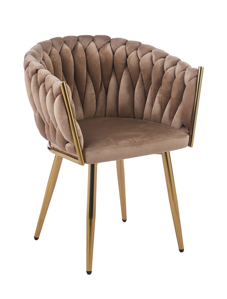 Poltrona Con Schienale In Velluto Intrecciato Design Moderno, Sedia Imbottita Circolare con Gambe in Metallo Placcato Oro Poltroncina Sala Pranzo Camera Salotto Cucina con Seduta Morbida Tortora