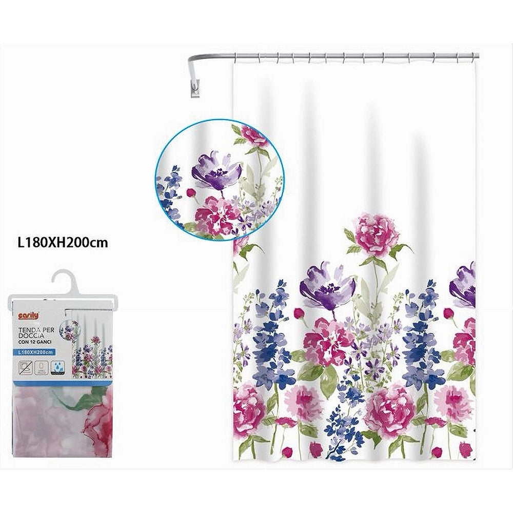 Trade Shop - Tenda Per Doccia Bagno Stampa Garden Fiori Floreale 180x200cm Con 12 Ganci 87569 -