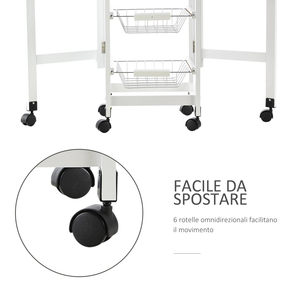 Easycomfort Carrello Portavivande Pieghevole a 6 Ruote con 3 Cestini, Cassetto e 2 Ribalte, Carrellino per Cucina in MDF e Metallo, 37x37x77.5 cm, Bianco e Legno