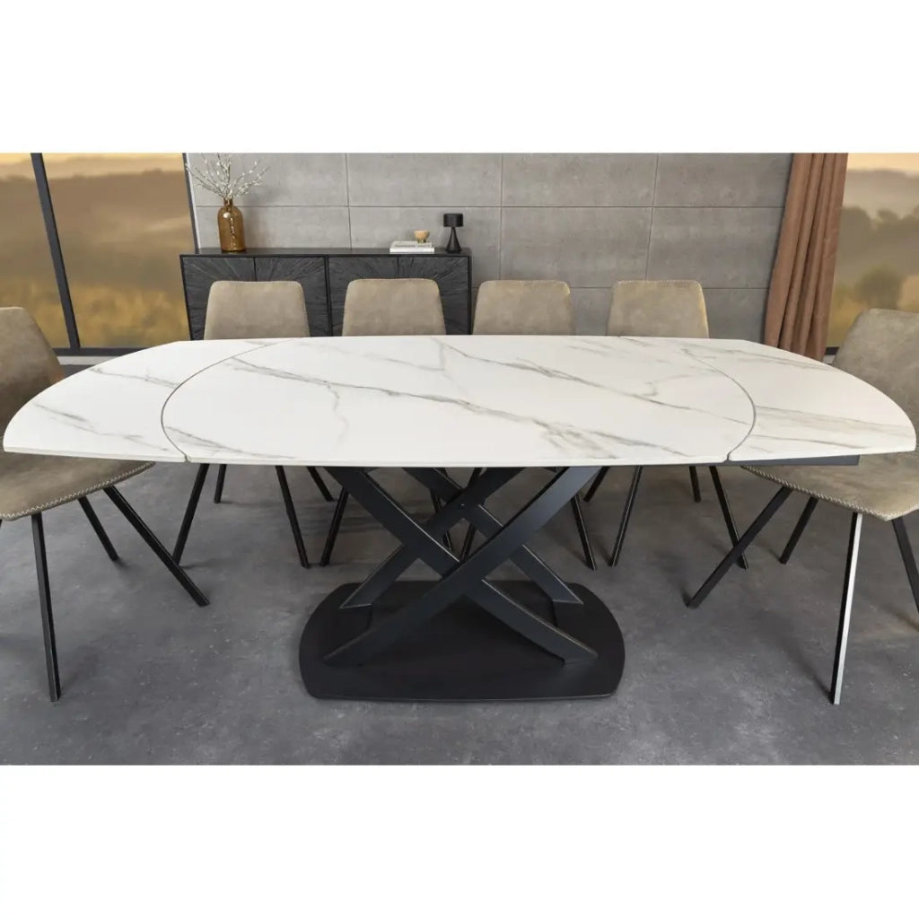 Tavolo ATONIA – Ovale estensibile 130 a 190 cm – Piano in ceramica effetto marmo bianco – Piedi in metallo – Stile moderno