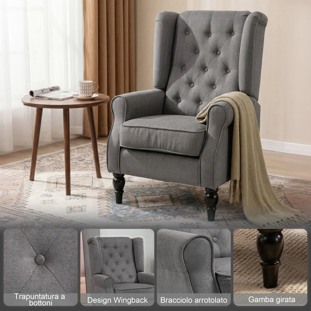 Poltrona da Salotto Stile Francese con Gambe in Legno e Cuscini Sfoderabili, 74x86x102 cm, Grigio