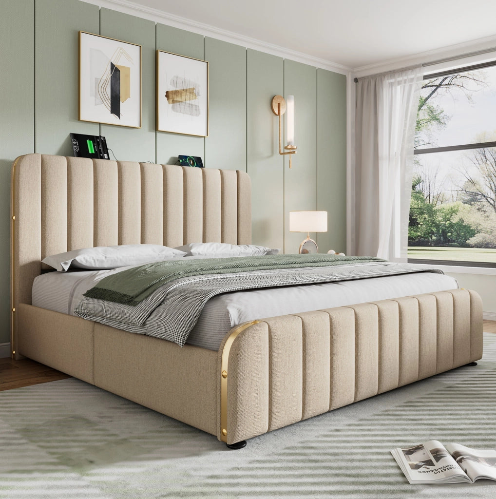 Letto imbottito 180x200 cm in lino beige con 4 cassetti; USB e Type-C