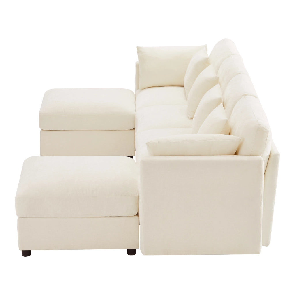 Divano modulare a L - Zephmum- Chenille beige con 4 cuscini decorativi e 2 poggiatesta