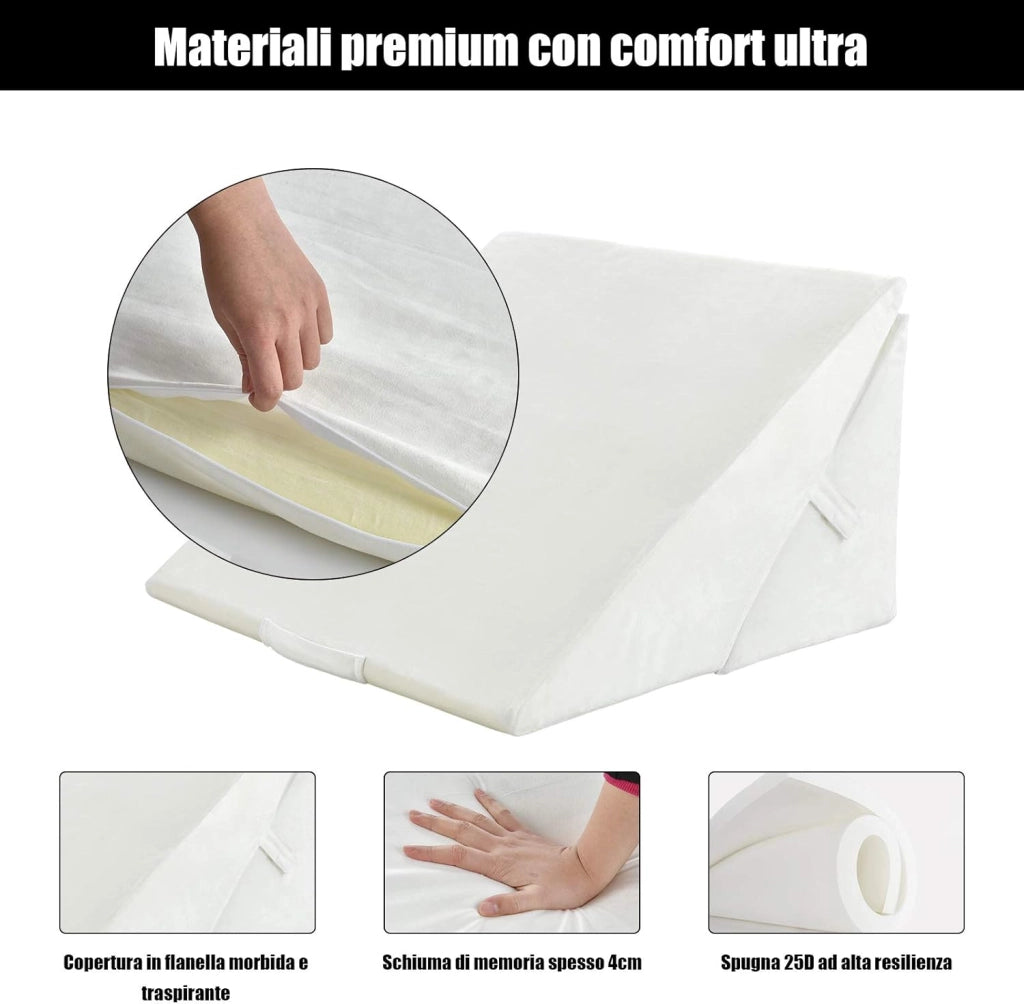 Cuscino a Cuneo per Letto e Divano, Cuscino da Lettura Relax, per Gambe Schiena e Ginocchio, con Fodera Lavabile (Bianco)