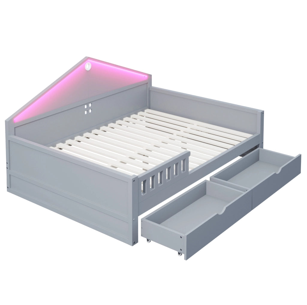 Letto 140x200 cm con LED e cassetti; grigio
