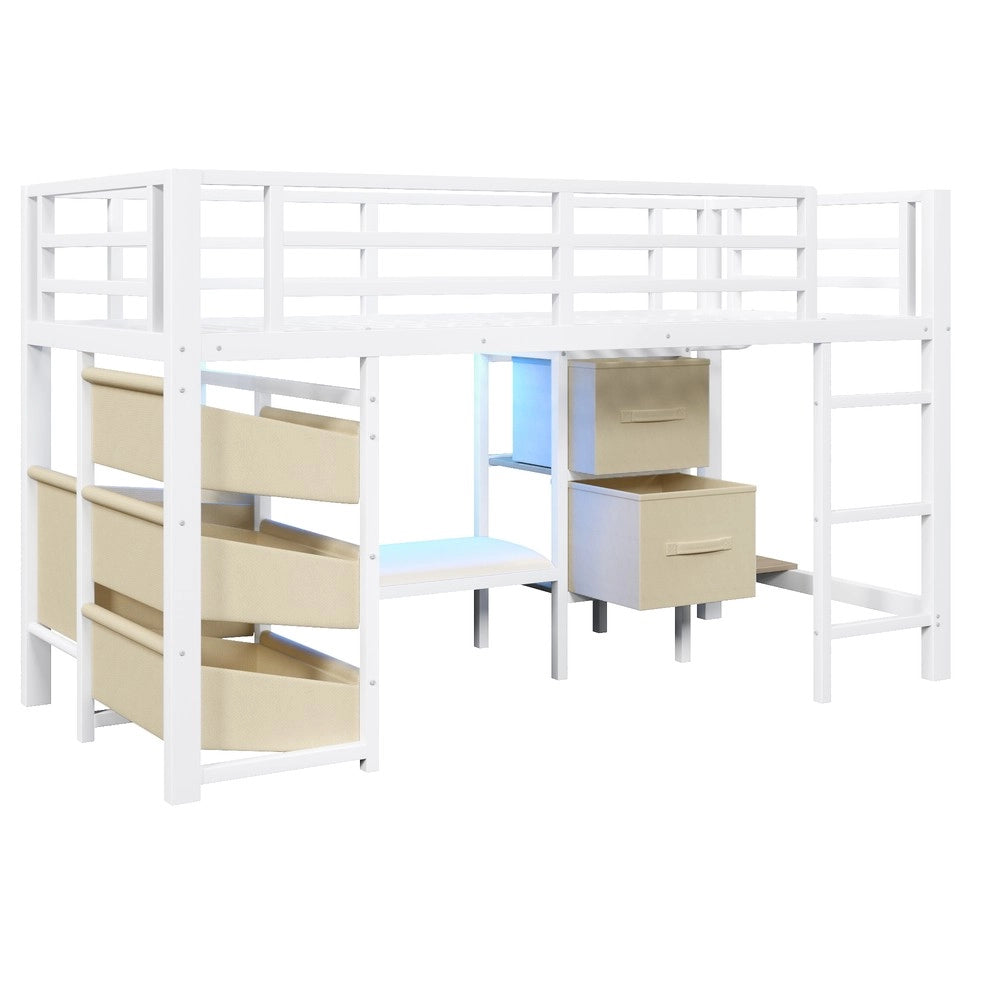 Letto Contenitore a Soppalco con LED ¨C Xylo ¨C Tessuto Bianco 90x200