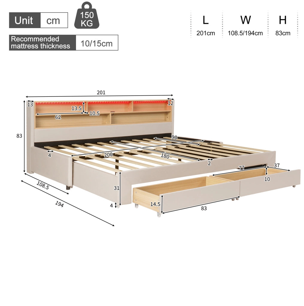 LETTO Estraibile 90x200 cm Velluto Beige con cassetti, USB e LED
