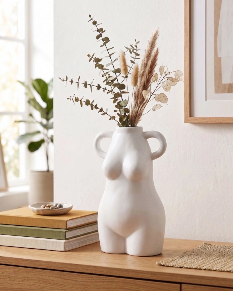 Vaso per fiori in porcellana bianca a forma di corpo femminile manici rotondi accessorio decorativo per la casa