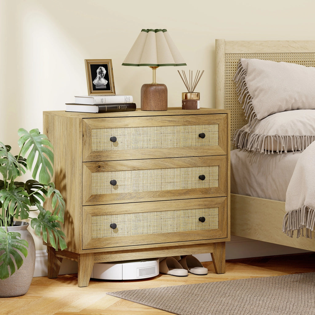 Cassettiera con 3 Cassetti in Legno Naturale Frontale Rat¨¢n Stile Cannage ¨C Xylo ¨C 80x35x76 cm