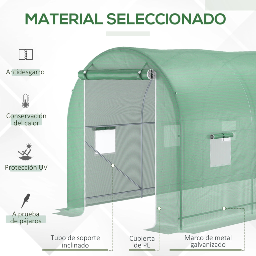 Serra da Giardino Tunnel 500x200x205 cm ¨C zephmum ¨C Verde PE 140 g/m2 con Porta a Rullo e 8 Finestre