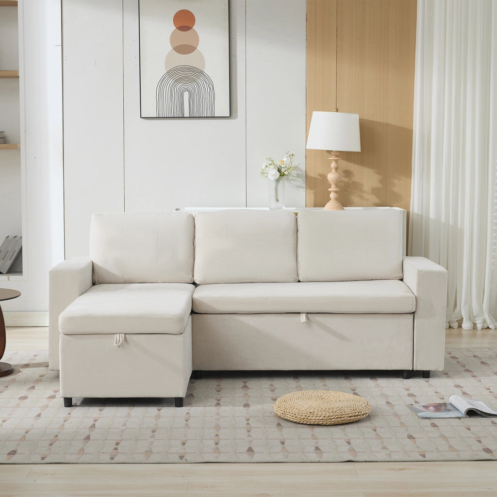Divano ad angolo con contenitore e chaise longue reversibile in chenille beige per soggiorno 202 × 136 × 85 cm