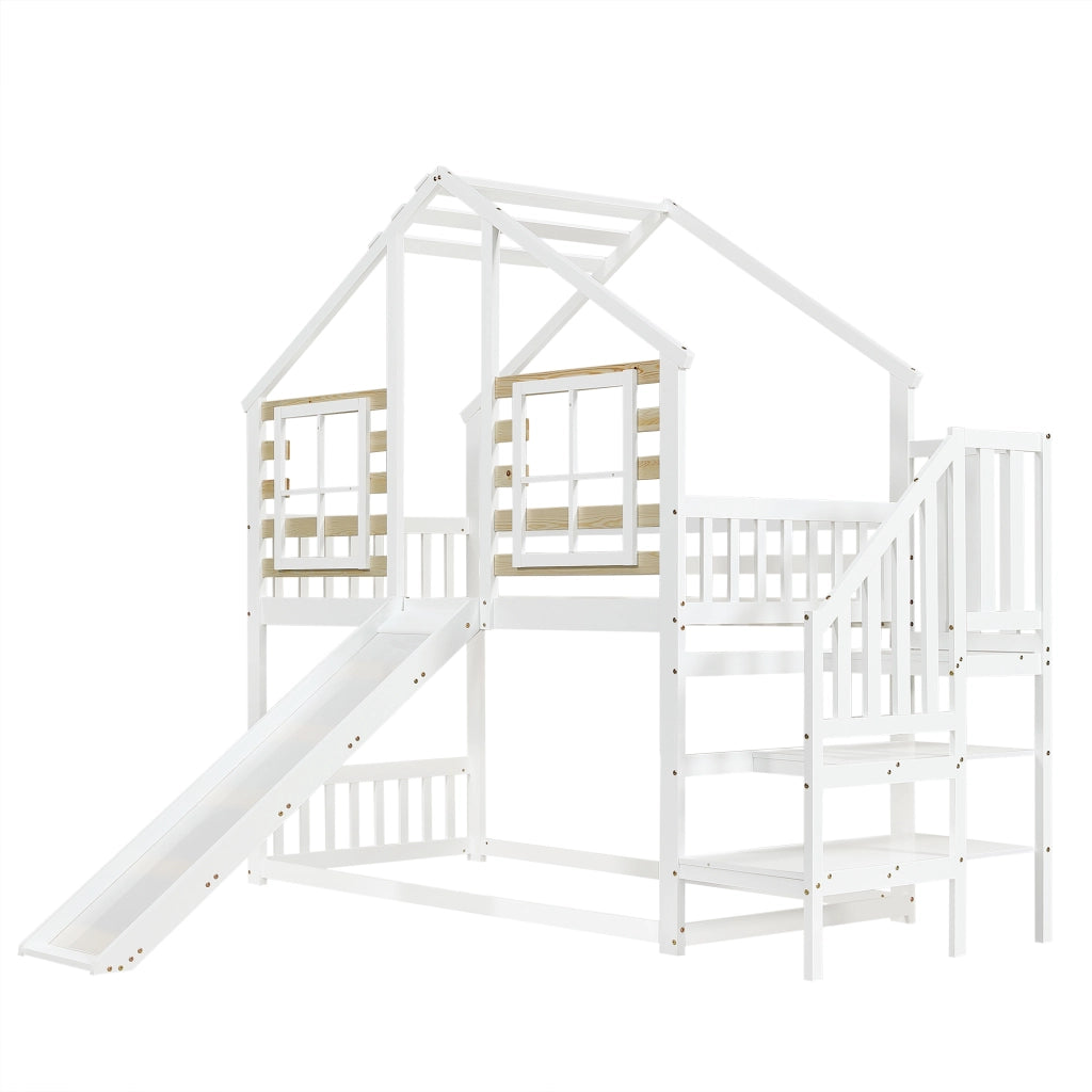 Letto a Castello 90x200 cm; Letto 2 Posti - Con Scala; Scivolo e Finestre - Bianco