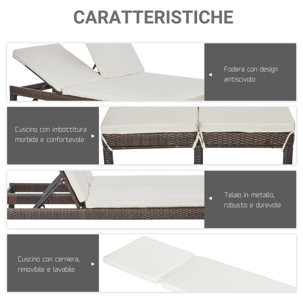 Lettino a 2 Posti in Acciaio e Rattan ¨C Zephmum ¨C Schienale Regolabile Marrone e Bianco 196x120x28cm