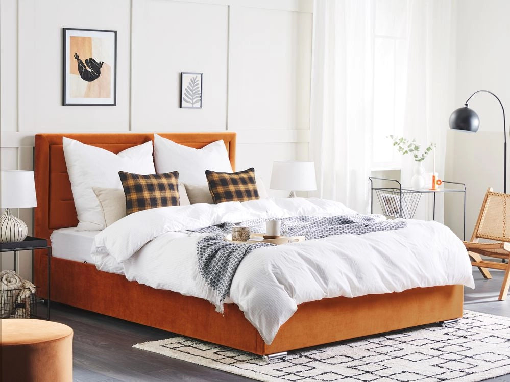 Letto contenitore tappezzeria in velluto arancione Super King Size 180 x 200 cm dal design moderno imbottito con testiera ottomana