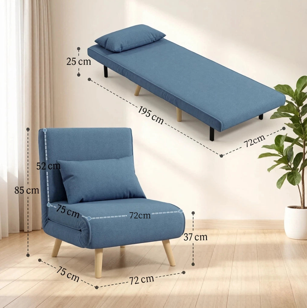 Poltrona letto singola blu con schienale regolabile a 5 posizioni