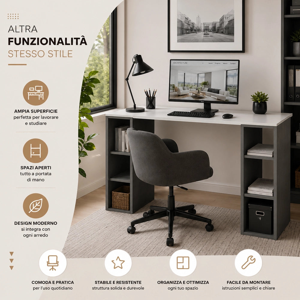 Scrivania Libreria 6 Ripiani Tavolo Porta Computer Casa Ufficio Bianco Antracite