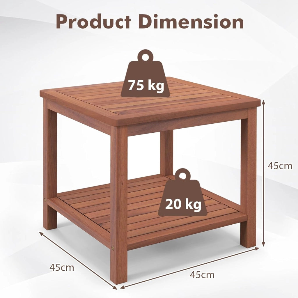 Tavolino ausiliario in legno di acacia per giardino, comodino rettangolare con ripiano aperto inferiore, 45 x 45 x 45 x 45 cm, motivo a lamelle, per soggiorno, terrazza, balcone