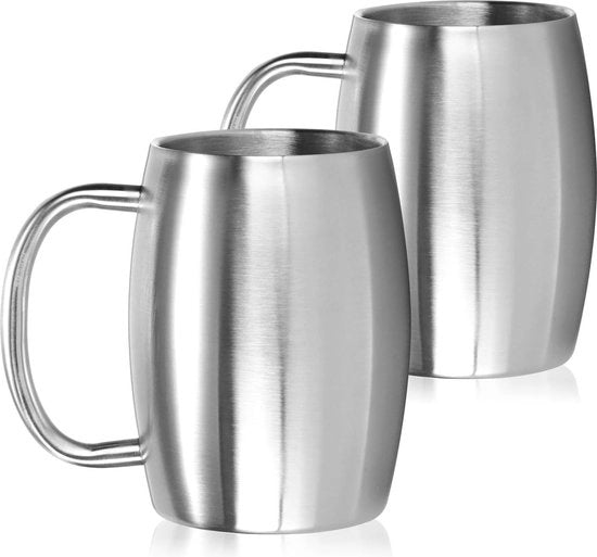 Bicchiere in acciaio inossidabile XL 400 ml - bicchiere per campeggio a doppia parete BPA libero (2 pezzi - finitura argentata lucida)