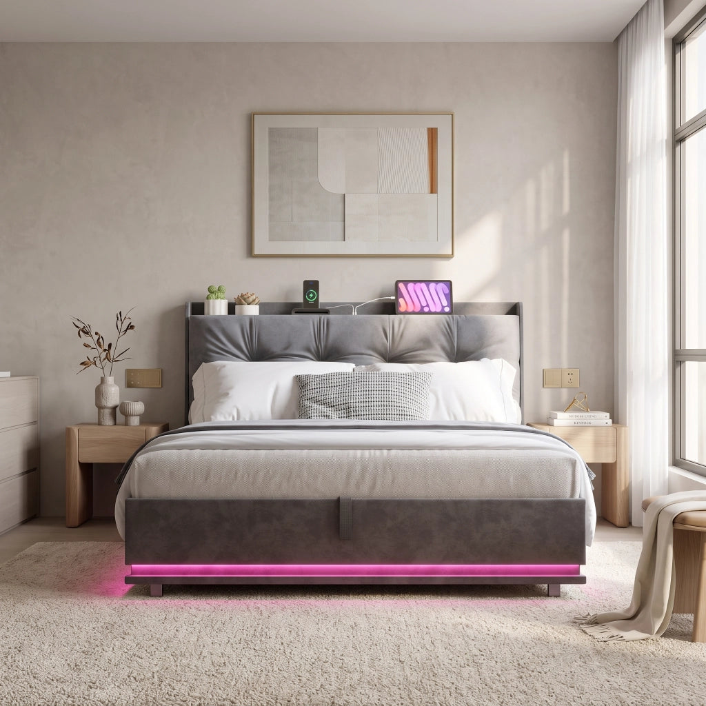 Letto matrimoniale 160x200 cm con contenitore;struttura letto con testiera imbottita e rete a doghe  LED e USB  rivestimento in velluto -beige