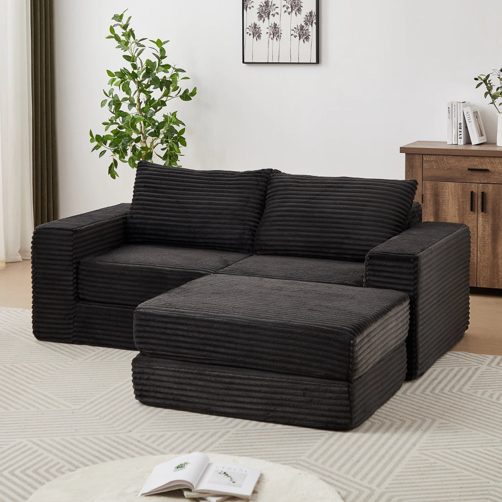 Divano letto modulare con pouf rimovibile, braccioli quadrati e configurazione flessibile in velluto a coste nero