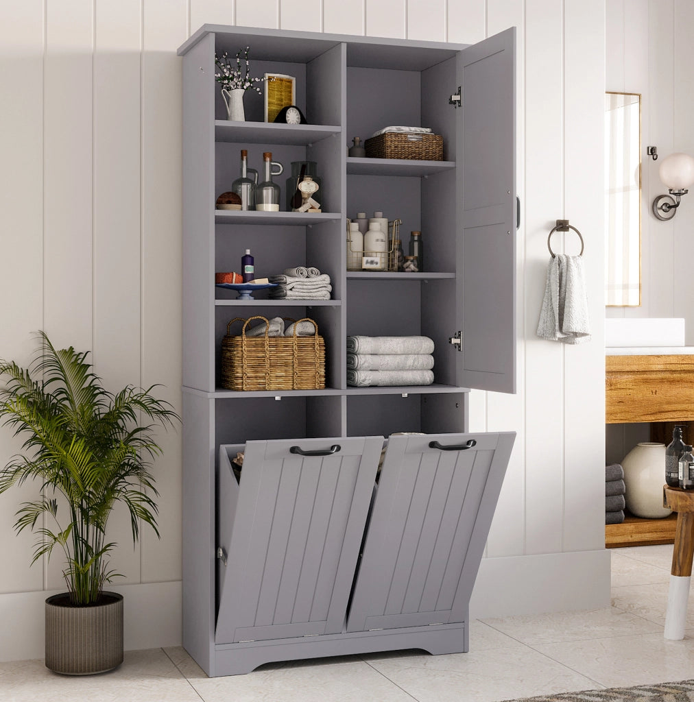 Armadio da bagno in MDF grigio con 2 cesti portabiancheria