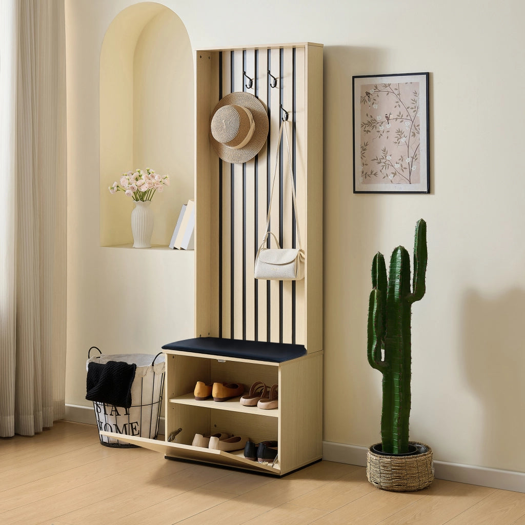 Mobili da ingresso con panca e vano portascarpe con 4 ganci, in MDF, color legno, 61 × 35 × 179,5 cm
