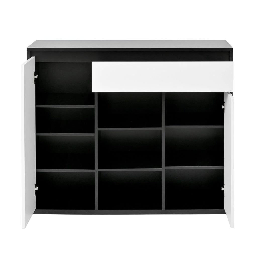 Scarpiera con 2 Ante e Cassetto, Ripiani Regolabili, LED, Ingresso ¨C Xylo ¨C Nero/Bianco