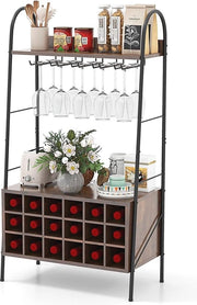 Wijnrek per 18 Flessen con Bicchieri e Scalette - Wijnrek Vintage in Legno Scuro per Casa, Bar e Cucina