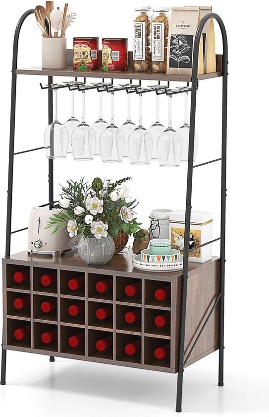 Wijnrek per 18 Flessen con Bicchieri e Scalette - Wijnrek Vintage in Legno Scuro per Casa, Bar e Cucina