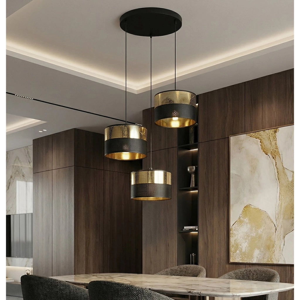 Lampada a sospensione Lux in acciaio bicolore nero opaco e oro