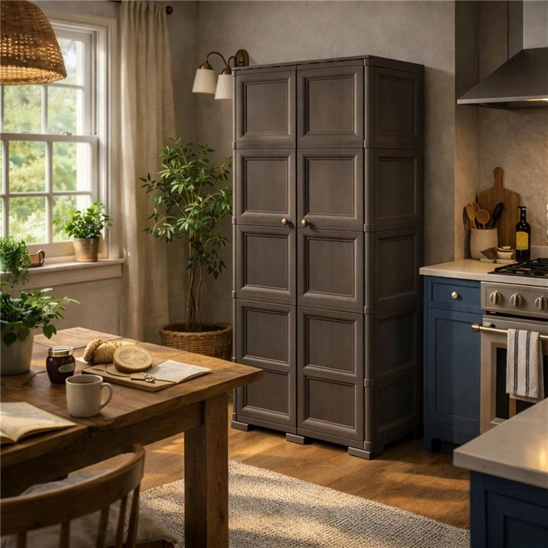 ARMADIO WENGÉ 2 ANTE 79X43X203 CM CON 6 SCOMPARTI E VANO PORTASCOPA – MOBILE ALTO ORGANIZZAZIONE CASA PER LAVANDERIA E INGRESSO