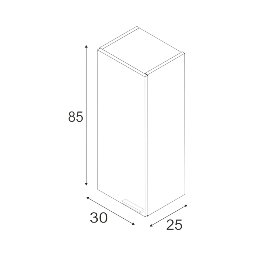 Colonna Bagno Alcott, Mobile a colonna per bagno a 1 anta, Armadio pensile sospeso con 1 ripiano, cm 30x25h85, Bianco lucido