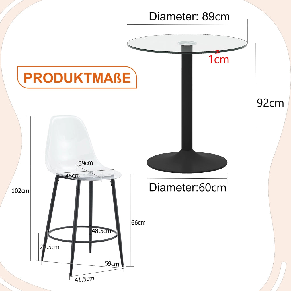 Set bar Ø89 cm nero, vetro e metallo - con 2 sgabelli trasparenti