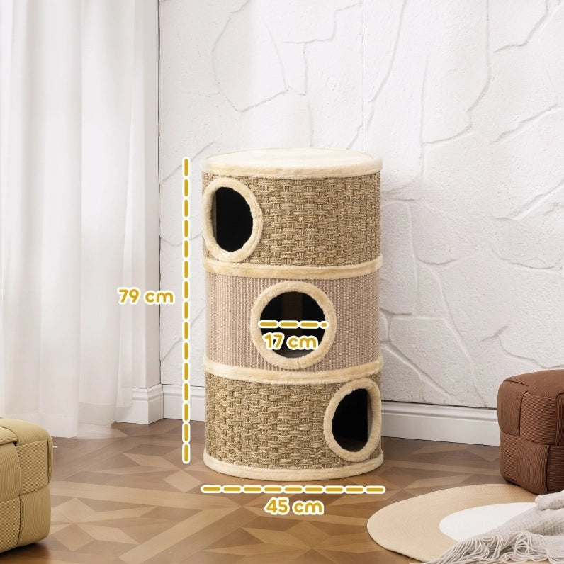 Torre tiragraffi a 3 livelli in poliestere khaki e marrone, 79 cm