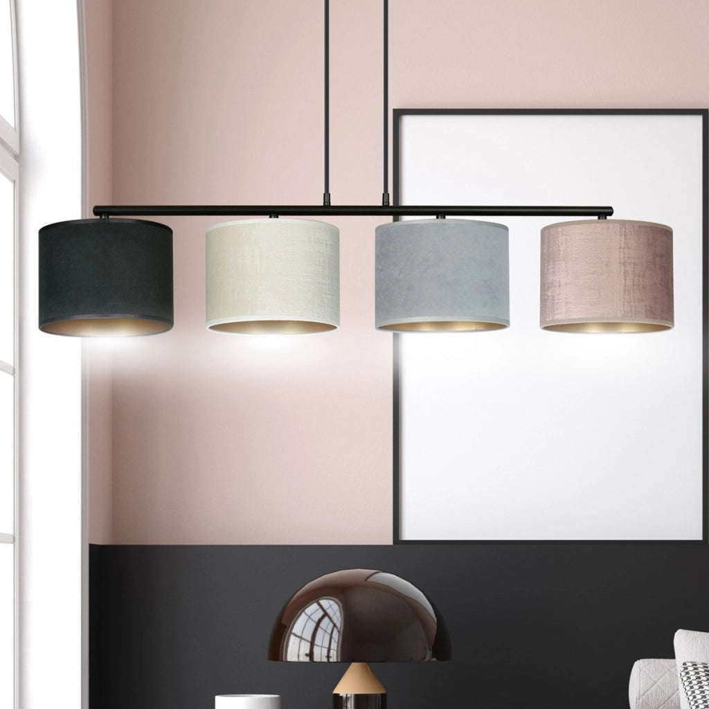 Lampada a sospensione Hilde con paralumi in velluto multicolore