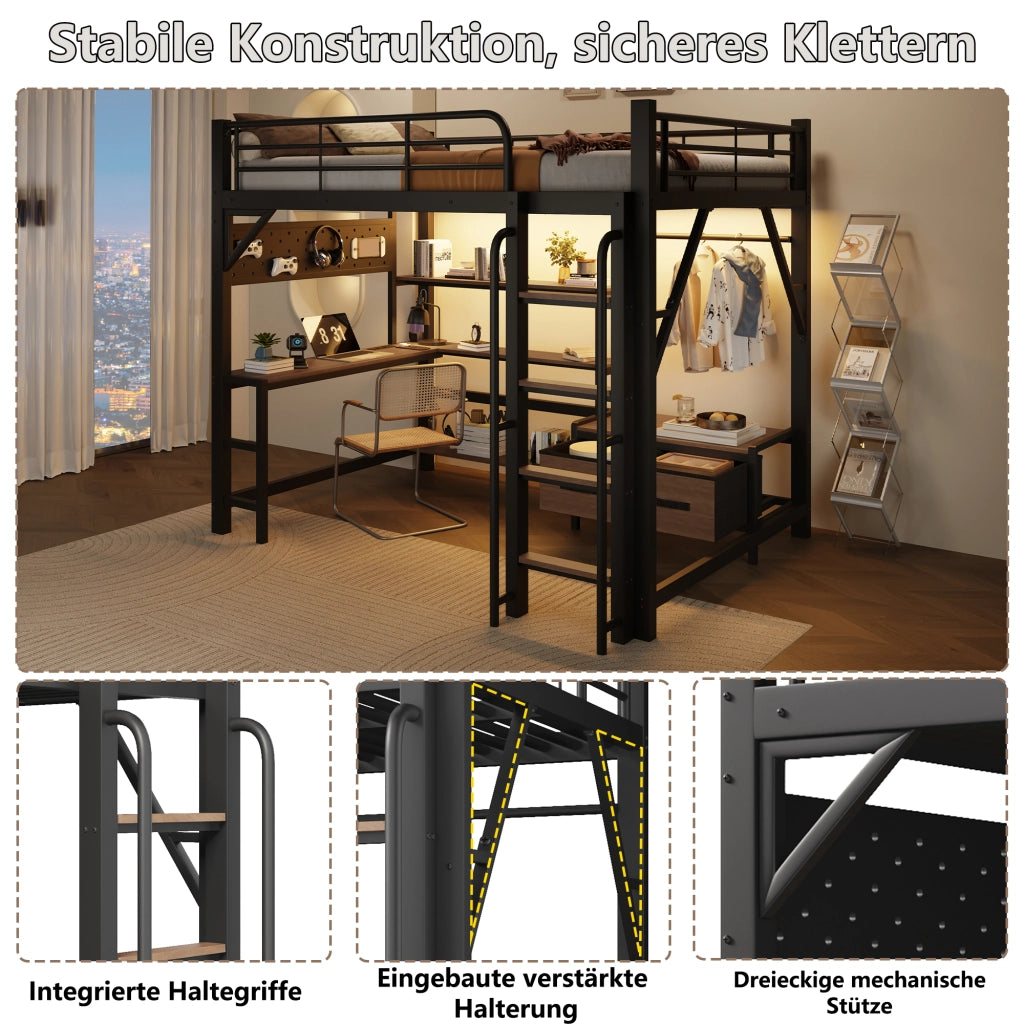 Letto a soppalco in metallo con scrivania, LED e USB, 140x200 cm, nero