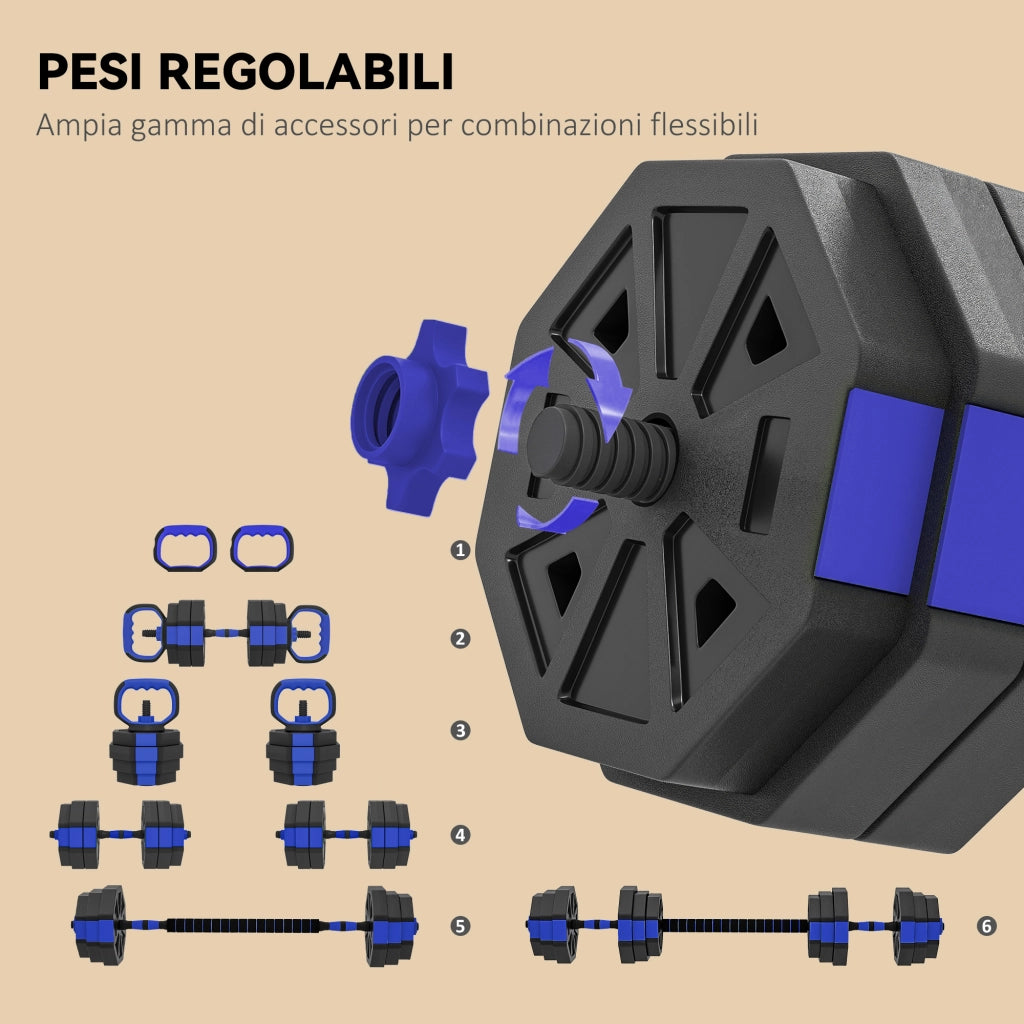 Set Pesi da Palestra 6 in 1 in Plastica e Sabbia Utilizzabile come Kettlebell Manubri Bilanciere Supporto Blu