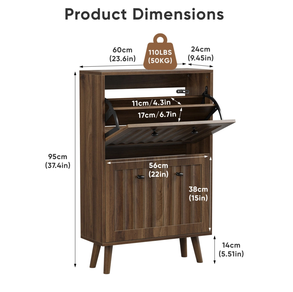 Scarpiera slim in stile Mid-Century; 60x24x95 cm; effetto noce con finitura scanalata