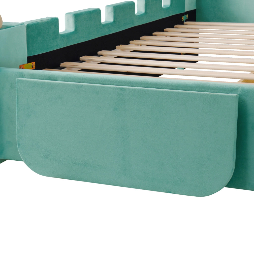 Letto singolo per bambini 90x200 cm imbottito con luce LED; USB e cassetto blu-verde HOMVRA
