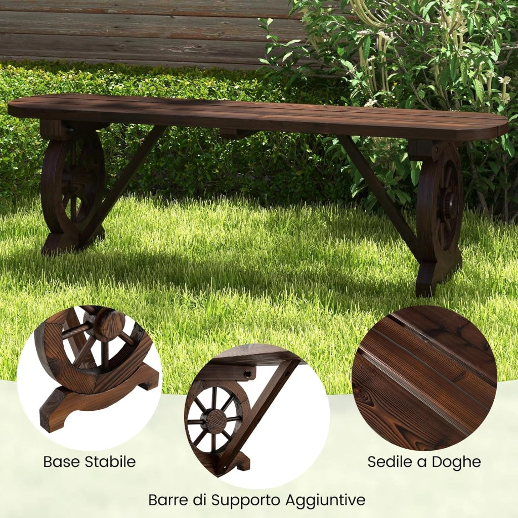 Panchina in Legno Rustico, Panchina da Esterno con Base a Ruota di Carro, Design Sedile a Doghe, Panchina a 2 Posti per Giardino, Balcone e Cortile, Portata 325 kg