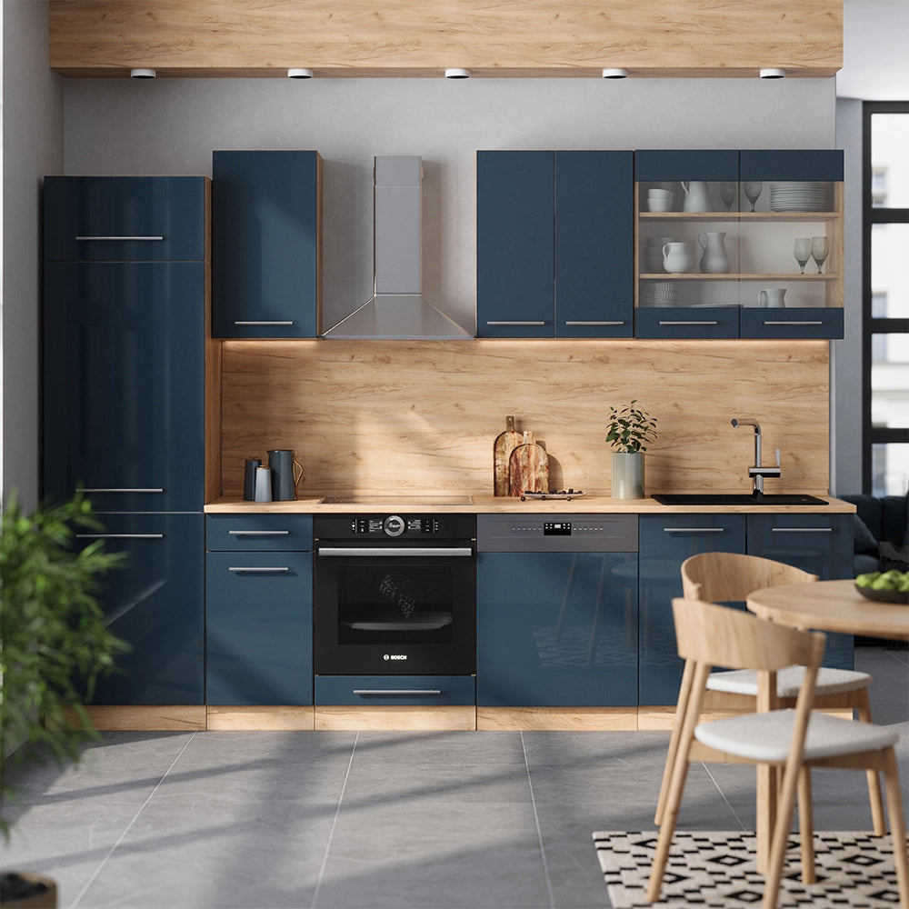 Cucina componibile Fame-Line Blu scuro lucido/Rovere dorato 300 cm, PL Rovere Vicco