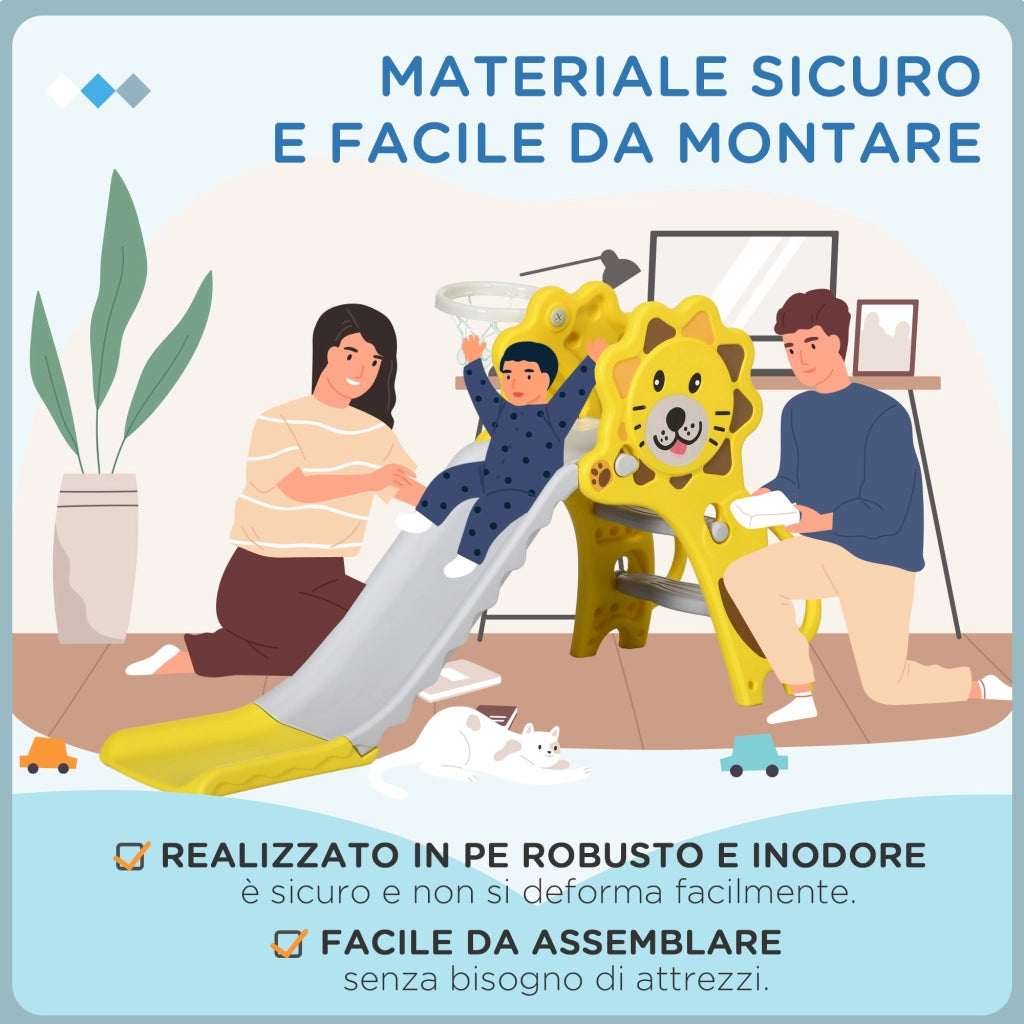 Scivolo per Bambini 18-36 Mesi con Canestro da Basket Laterale in PE, 131x50x74 cm, Giallo e Grigio