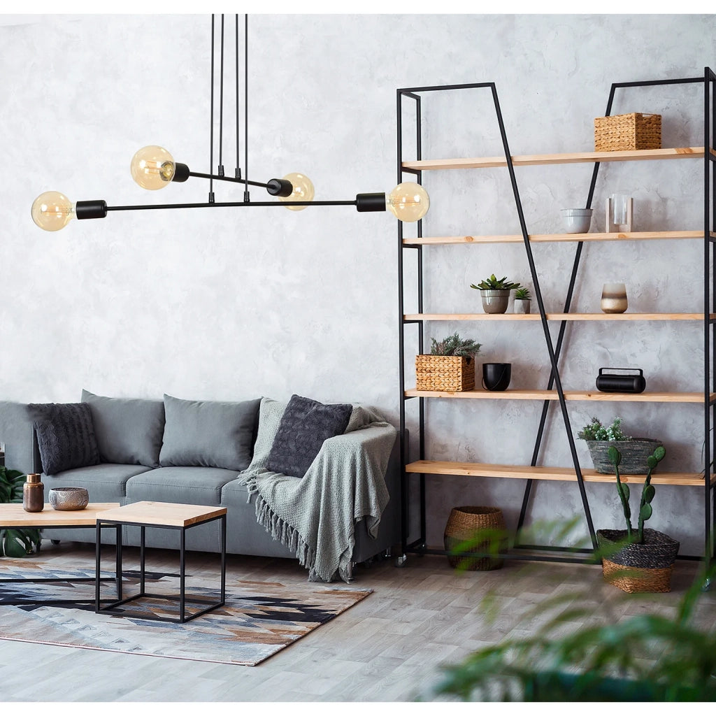 Lampadario Industrial 4 Luci Multiplo In Acciaio Nero A Bracci