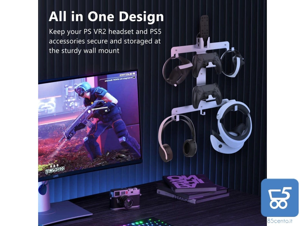 Stand Accessori per PS5 Supporto per Montaggio a Parete in Metallo con Ganci per Cuffie Cavi Controller e Visore VR