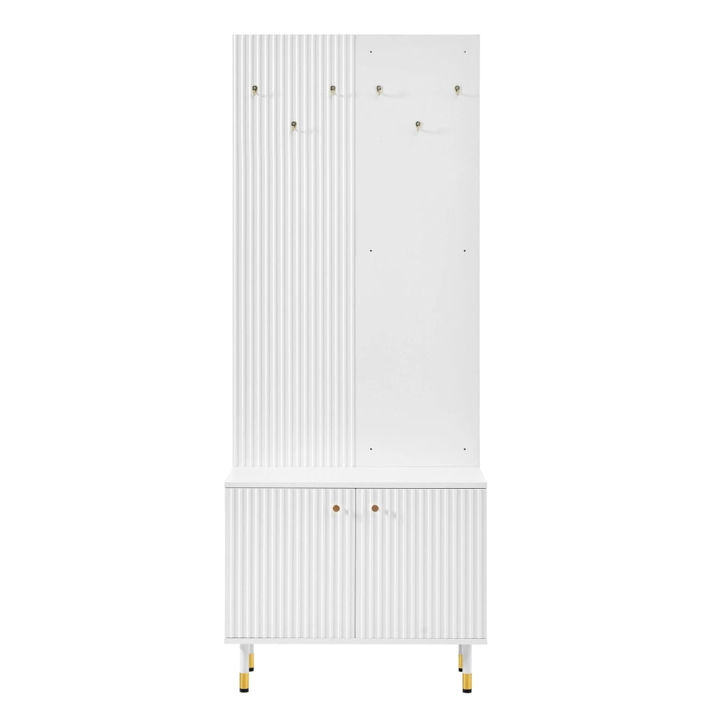 Mobile da ingresso con 6 ganci, scarpiera a 2 ante e ripiano regolabile, in PB e MDF, bianco, 70 × 35 × 180 cm