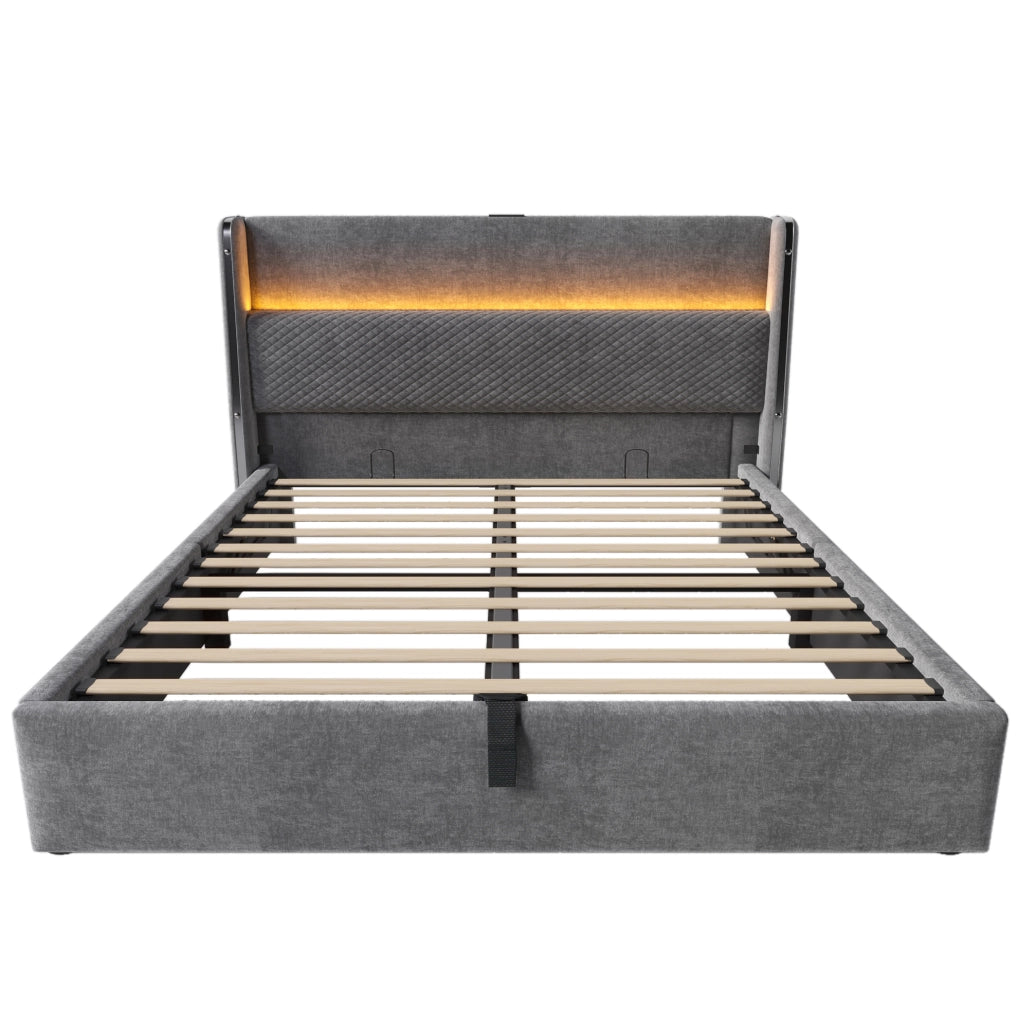 Letto matrimoniale 160x200 cm con testiera alta; LED; USB e contenitore; grigio; con materasso