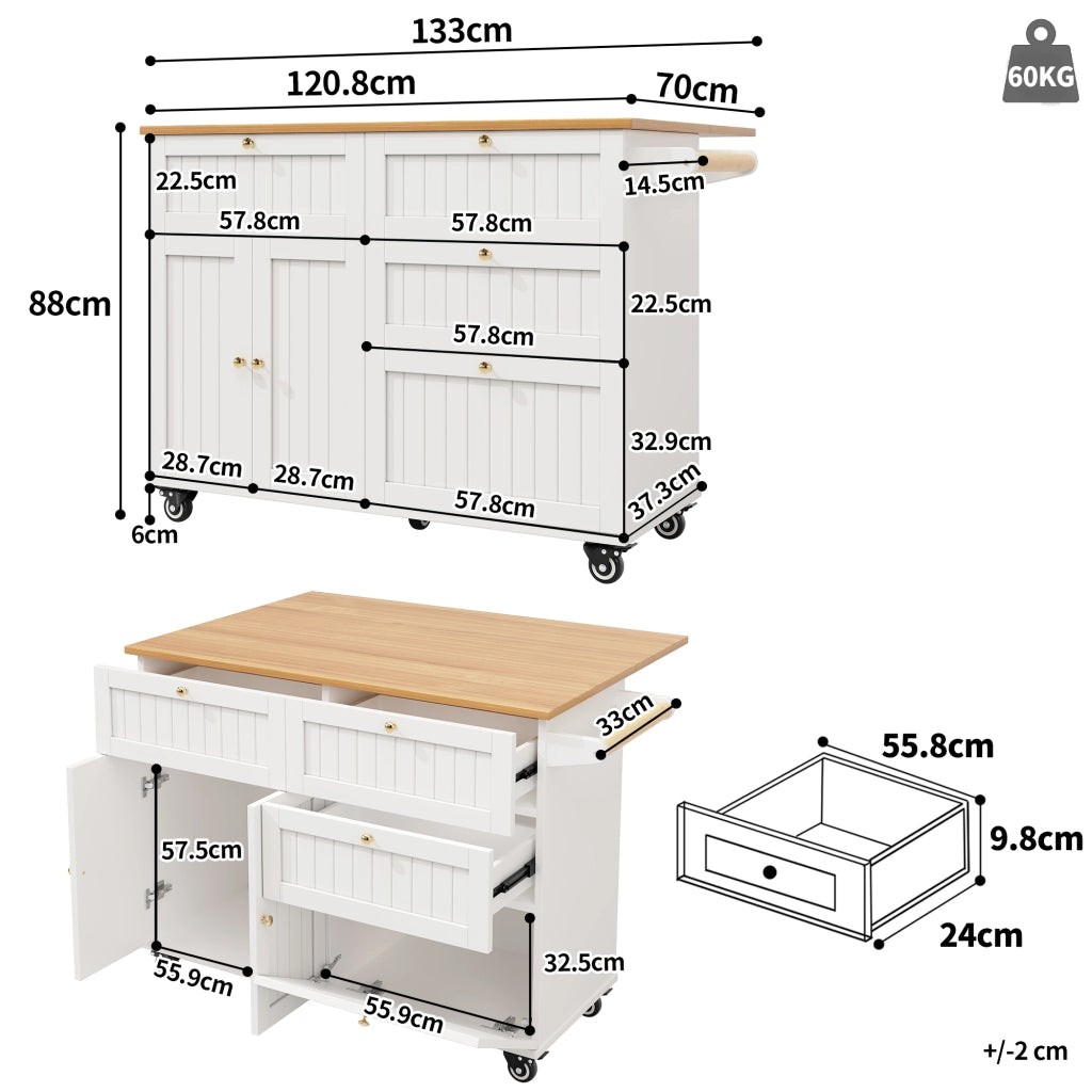 Carrello da Cucina con Contenitore e Piano Ribaltabile con Ruote e Piedini Regolabili in MDF Bianco