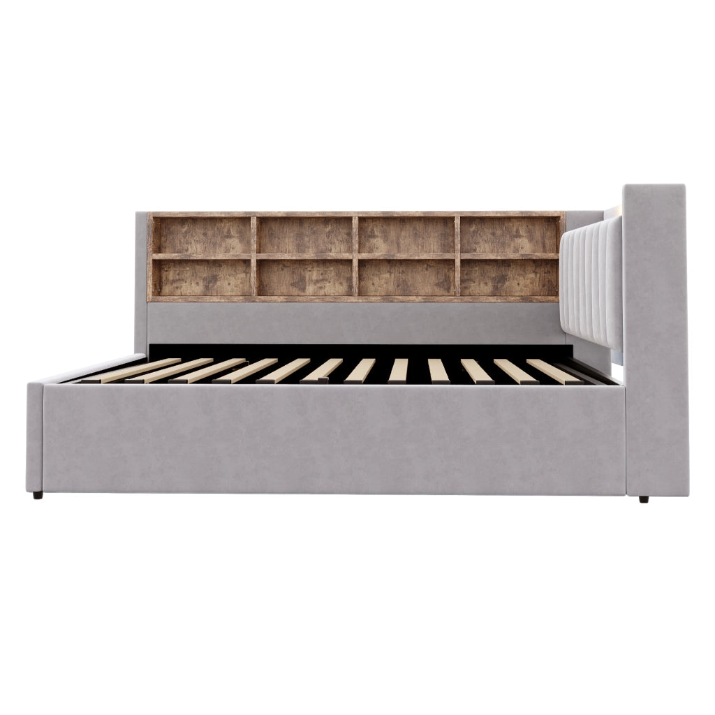 DESMIU Letto contenitore 140 × 200 cm 2 posti con LED, USB, Type-C e ripiani, senza materasso, velluto grigio chiaro