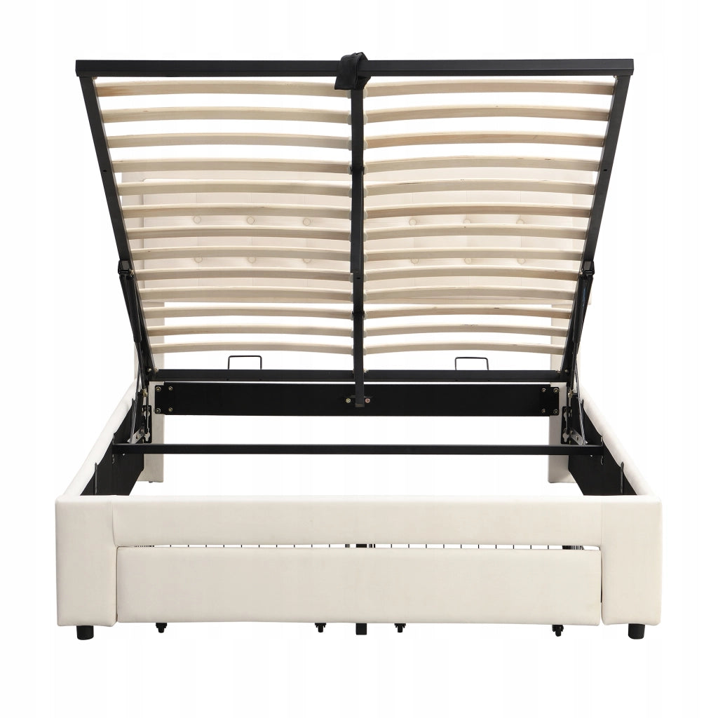 Letto imbottito con cassetti - Xylo - 140x200 - Beige - Velluto